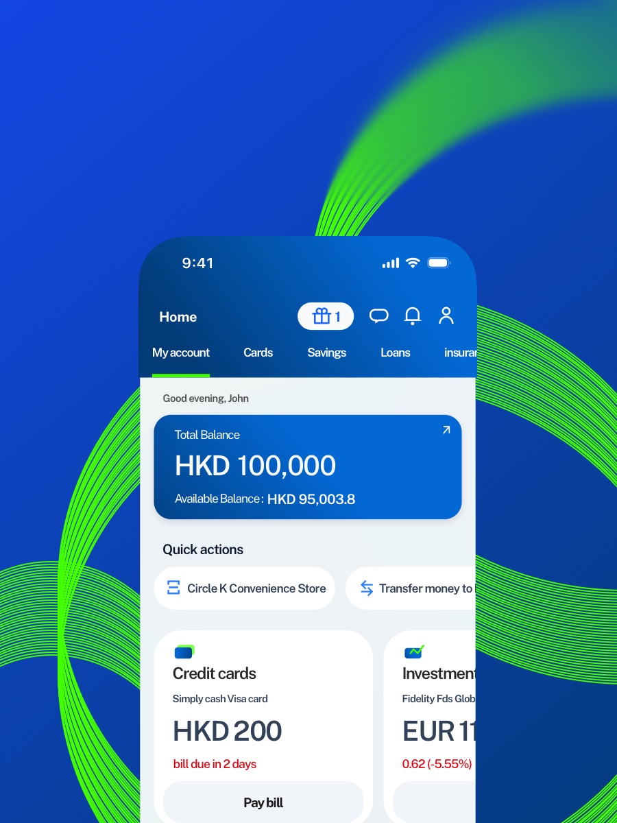 The home screen of the redesigned standard chatered app, a blue ribbon on the top of the phone screen, housing the secondary navigation with items like cards